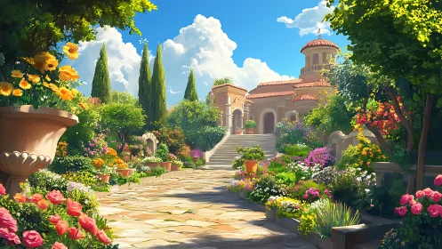 Mediterranean villa garden rendered in luminous digital painting