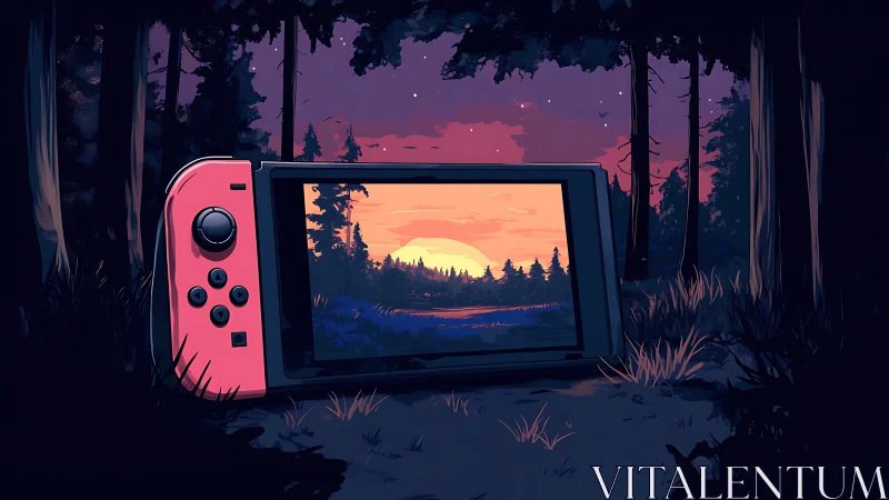 Gaming Console in Forest Twilight with Mountain Sunset Display