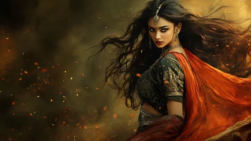 Fierce warrior woman strides through swirling embers and fire