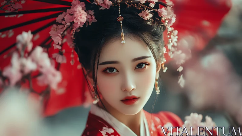 Spring blossoms and quiet grace beneath a crimson parasol.