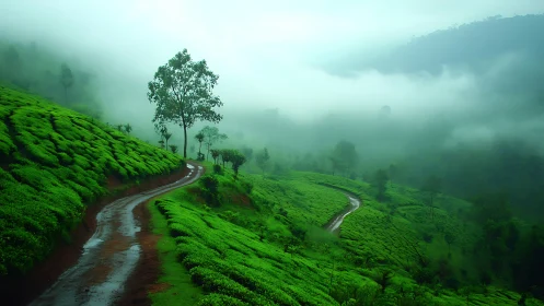 Mist drifts over lush green hills as a gentle dirt road winds