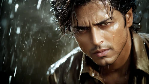 Intense male portrait under cinematic silver rainfall.