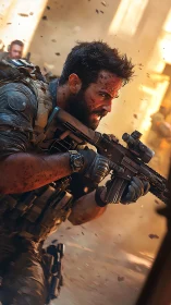 Battle-grimed tactician surges forward through dust and fire.