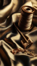 Gold satin textile with metallic thread spool and sewing tool