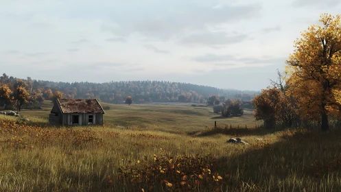Weathered cabin in expansive autumn meadow under overcast sky