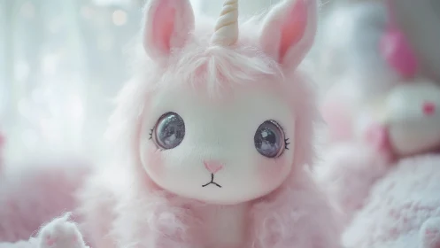 Pastel plush unicorn toy with big sparkling eyes.