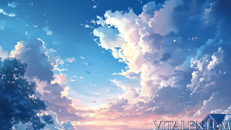 High-altitude cumuliform sunset sky over rural eaves, anime