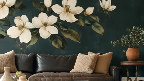 Cozy sofa nook with oversized magnolia flower mural wall art.