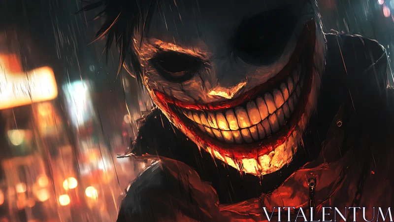 Sinister grinning figure burns through rain‑soaked neon night