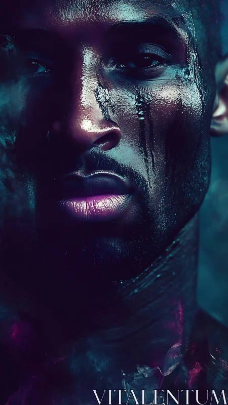 Neon-lit portrait captures intense emotion in shimmering detail.