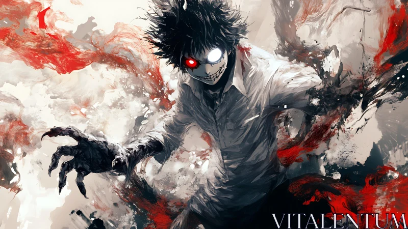 Demonic anime figure erupts through splattered red shadows.