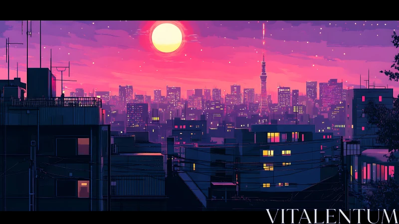 Neon Tokyo skyline under vivid magenta sunset glow.