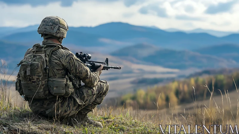 Soldier in camouflage observes valley landscape with rifle