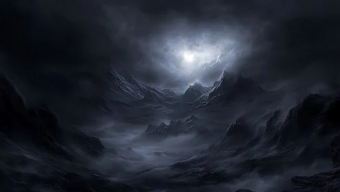 Storm-lit abyssal mountains brood beneath a broken sky.