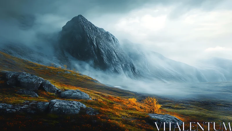 Misty mountain ridge with golden autumn valley contrast.