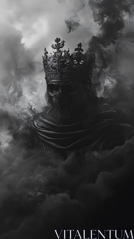Dark crowned figure emerging from dense swirling smoke.