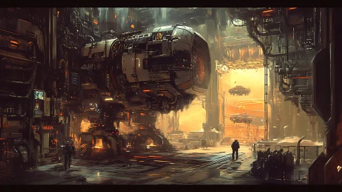 Colossal starship lifts from a blazing industrial hangar