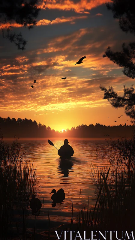 Kayaker silhouettes glide across blazing orange sunset lake