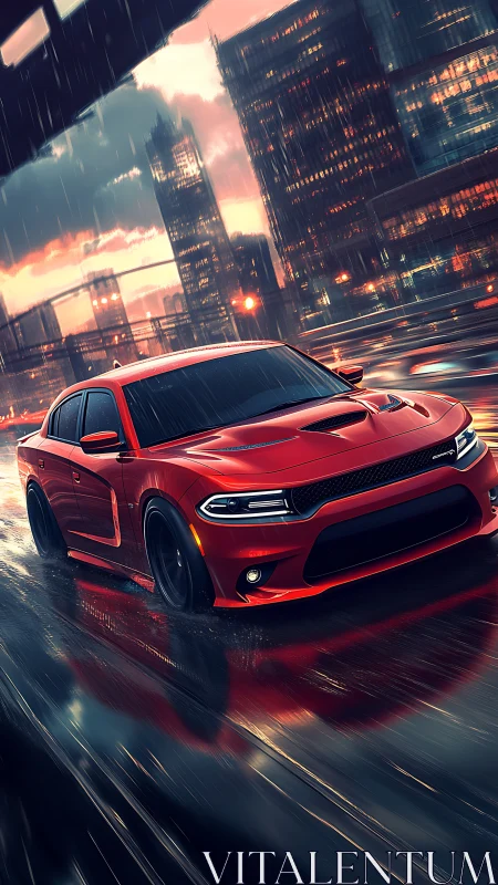 Red performance sedan drives through wet neon city street