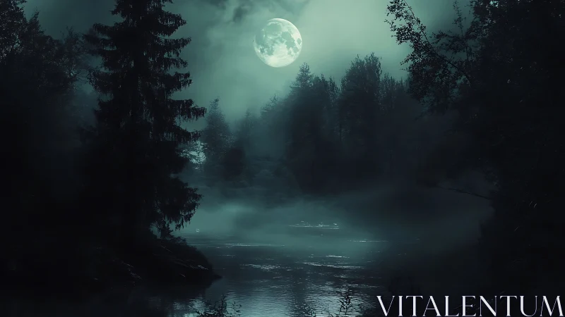 Digital painting of mist-laden lunar forest river at night.