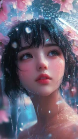 Hyperreal anime portrait of wet girl under falling petals
