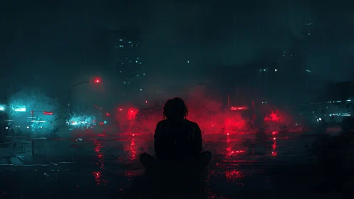 Silhouetted figure observes neon-lit rainy city with reflective wet asphalt