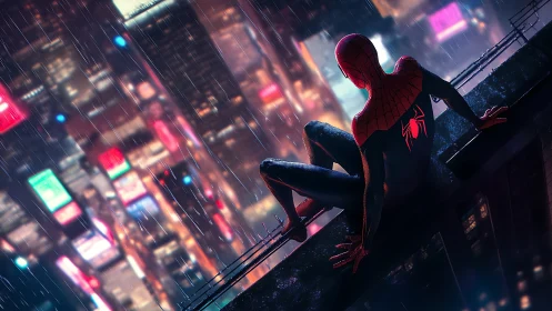 Masked hero watches neon city in reflective midnight rain.