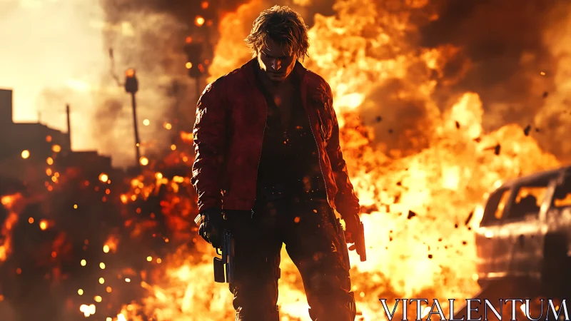 Lone gunman strides through blazing urban inferno.