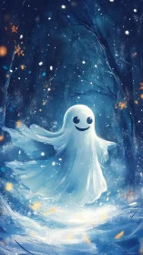 Cartoon ghost figure in stylized snowy forest at night.