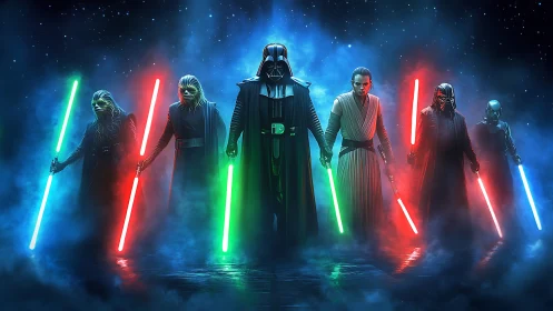 Cinematic digital painting of iconic lightsaber duelists lineup.