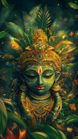 Divine emerald visage with ornate golden feathered crown.