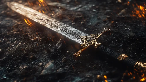 Detailed sword with ornate hilt lies on scorched ground