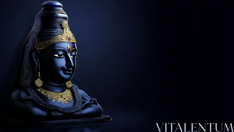 Divine blue deity bust glows with ornate golden jewelry.
