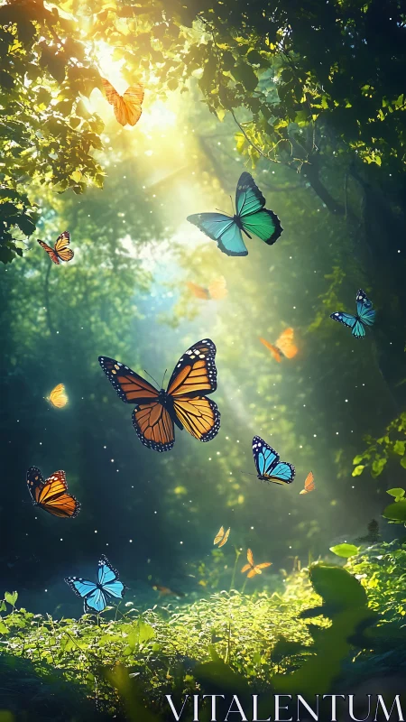 Sunlit forest butterflies drift through glowing green haze.