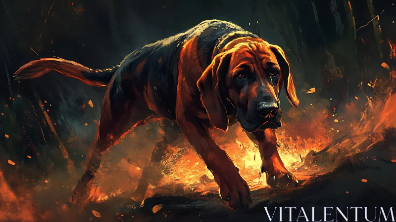 Tracking hound striding through blazing forest embers.