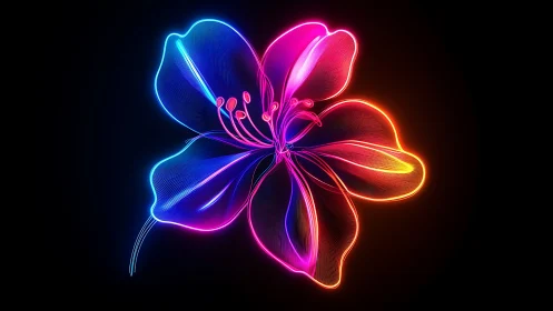 Neon gradient flower constructed from luminous line contours.