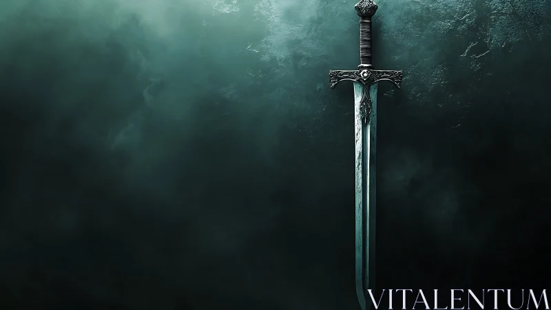 Photorealistic steel sword against dark textured mist wall.