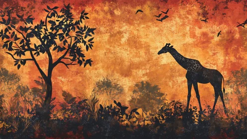 Silhouetted giraffe and tree against textured sunset field.