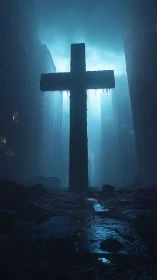 Cross of cold light rises in drowned cyberpunk canyon.