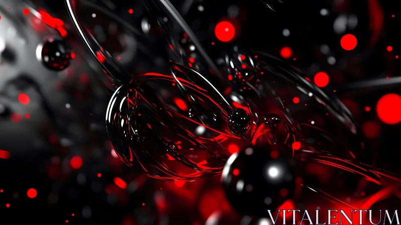 Futuristic abstract black and red 3D shapes with glowing spheres.