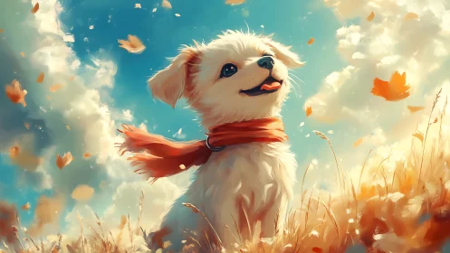 Joyful white puppy in autumn field under radiant sky.