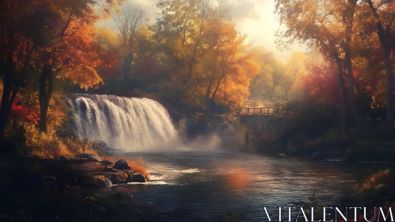 Autumn forest waterfall under soft golden sunrise light.