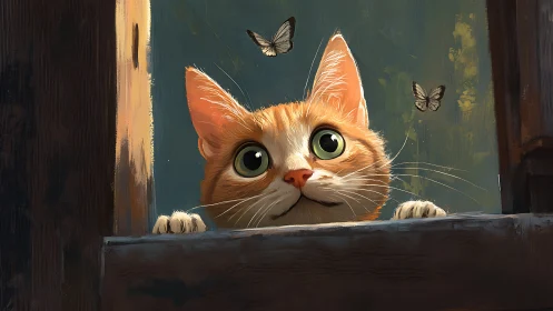 Whiskered Watcher: Orange Tabby Peering Through Time and Butterflies.