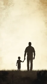 Silhouetted adult and child stand on grassy hill together