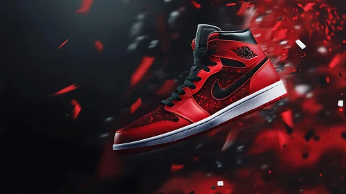 Red and black high-top sneaker floats amid dynamic shards