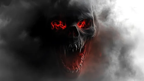 Demonic skull emerging from dense smoke with burning eyes.