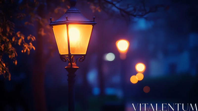 Gentle evening lamplight guiding a quiet misty pathway.