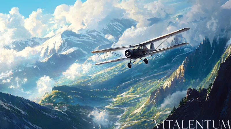 Vintage biplane cuts through bright alpine valley clouds