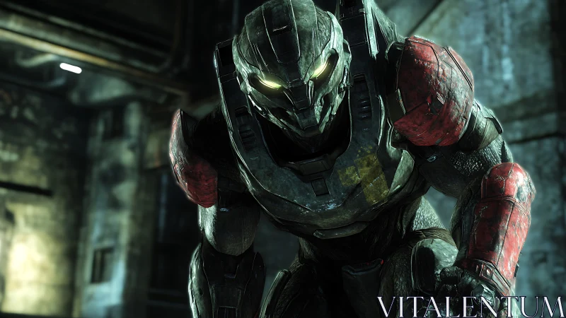 Armored cybernetic soldier crouching in metallic hangar.