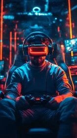 Gamer wearing VR headset sits in neon lit gaming station